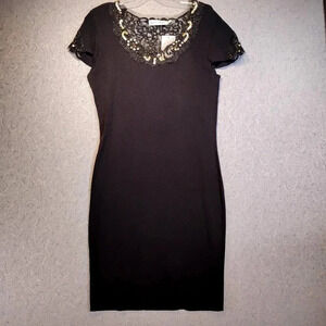 Beta's Choice NWT Black Stretch Knit Gold Sequin Scoop Neck Midi Dress in Medium
